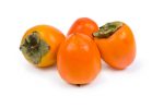 Several fresh ripe whole persimmon fruits on a white background